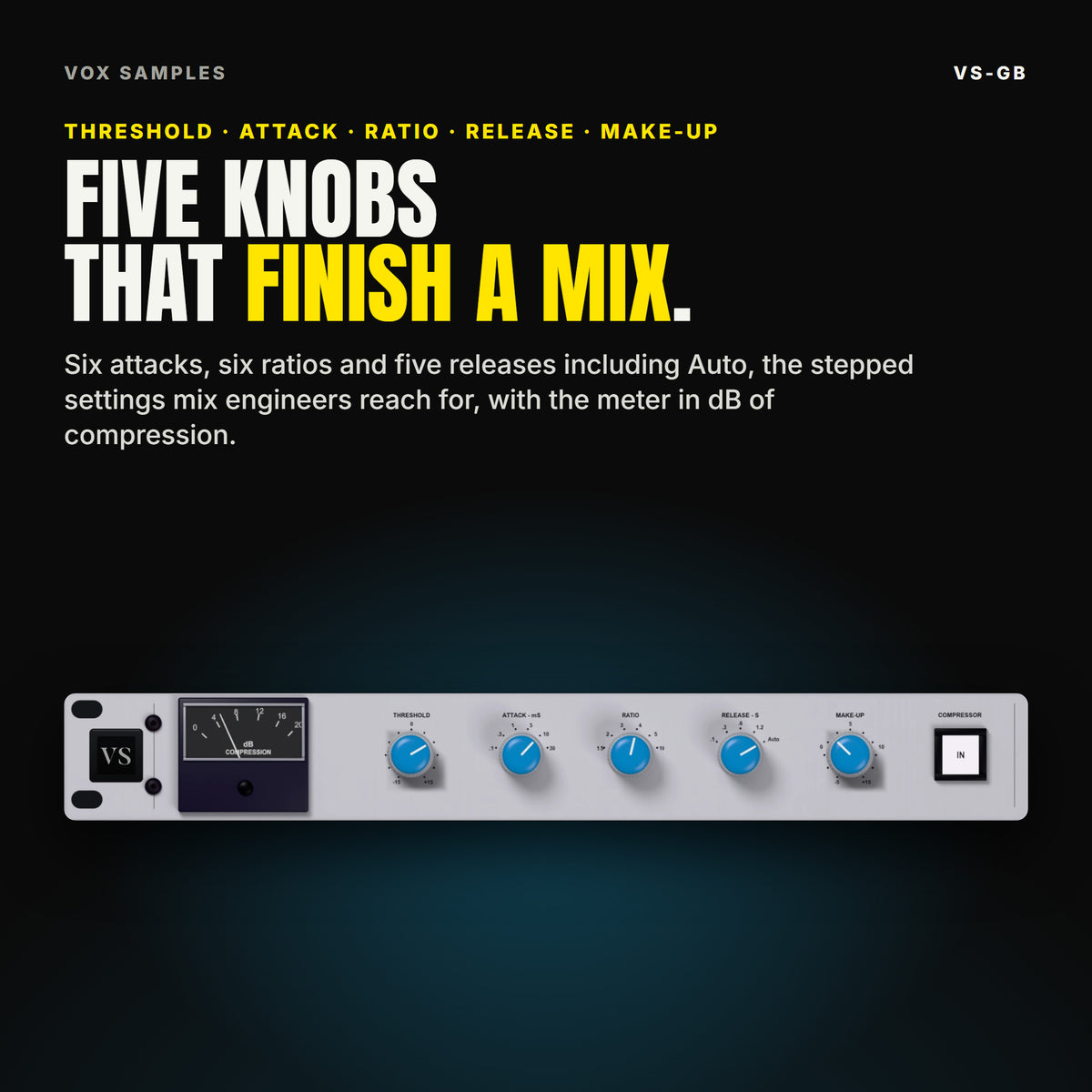 Close-up of the VS-GB panel: the gain reduction meter, the blue THRESHOLD, ATTACK, RATIO, RELEASE and MAKE-UP knobs with their printed settings, and the COMPRESSOR IN key, under the line "Five knobs that finish a mix".