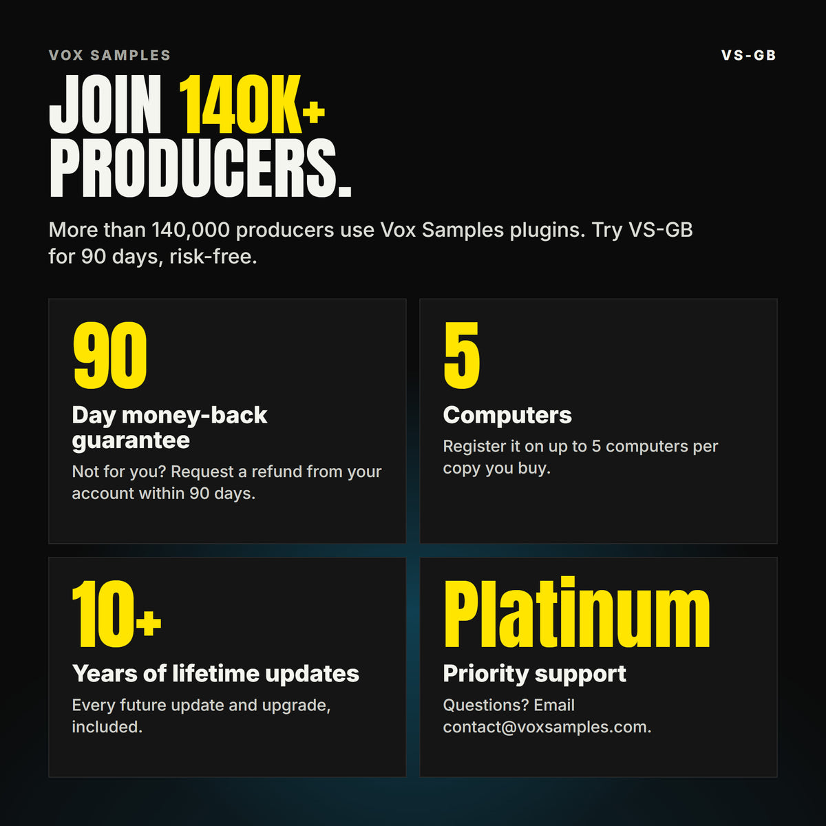 Join 150,000+ producers who use Vox Samples plugins. VS-GB comes with a 90-day money-back guarantee you claim from your account, registration on up to five of your own computers per copy you buy, lifetime updates for 10+ years, and Platinum priority support.