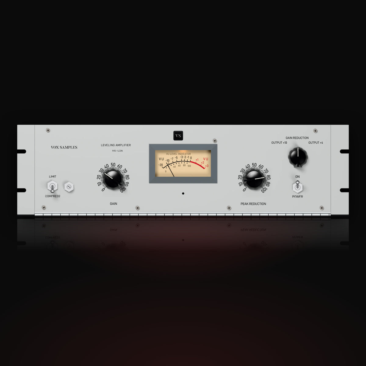 VS-L2A by Vox Samples, the optical compressor plugin, pictured as its front panel: a pale-grey rack unit with a cream VU meter, the large GAIN and PEAK REDUCTION knobs, the LIMIT and COMPRESS switch and the POWER switch.