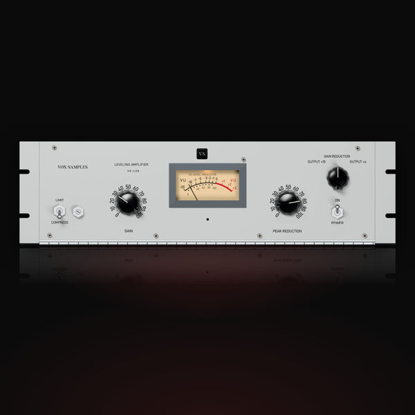 VS-L2A by Vox Samples, the optical compressor plugin, pictured as its front panel: a pale-grey rack unit with a cream VU meter, the large GAIN and PEAK REDUCTION knobs, the LIMIT and COMPRESS switch and the POWER switch.
