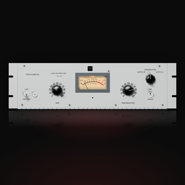 VS-L2A by Vox Samples, the optical compressor plugin, pictured as its front panel: a pale-grey rack unit with a cream VU meter, the large GAIN and PEAK REDUCTION knobs, the LIMIT and COMPRESS switch and the POWER switch.