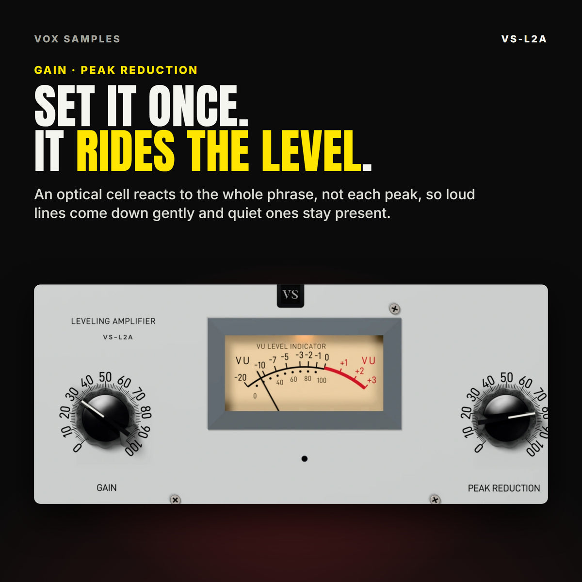 Close-up of the VS-L2A panel: the GAIN knob scaled 0 to 100, the cream VU meter and the PEAK REDUCTION knob, under the line "Set it once. It rides the level."