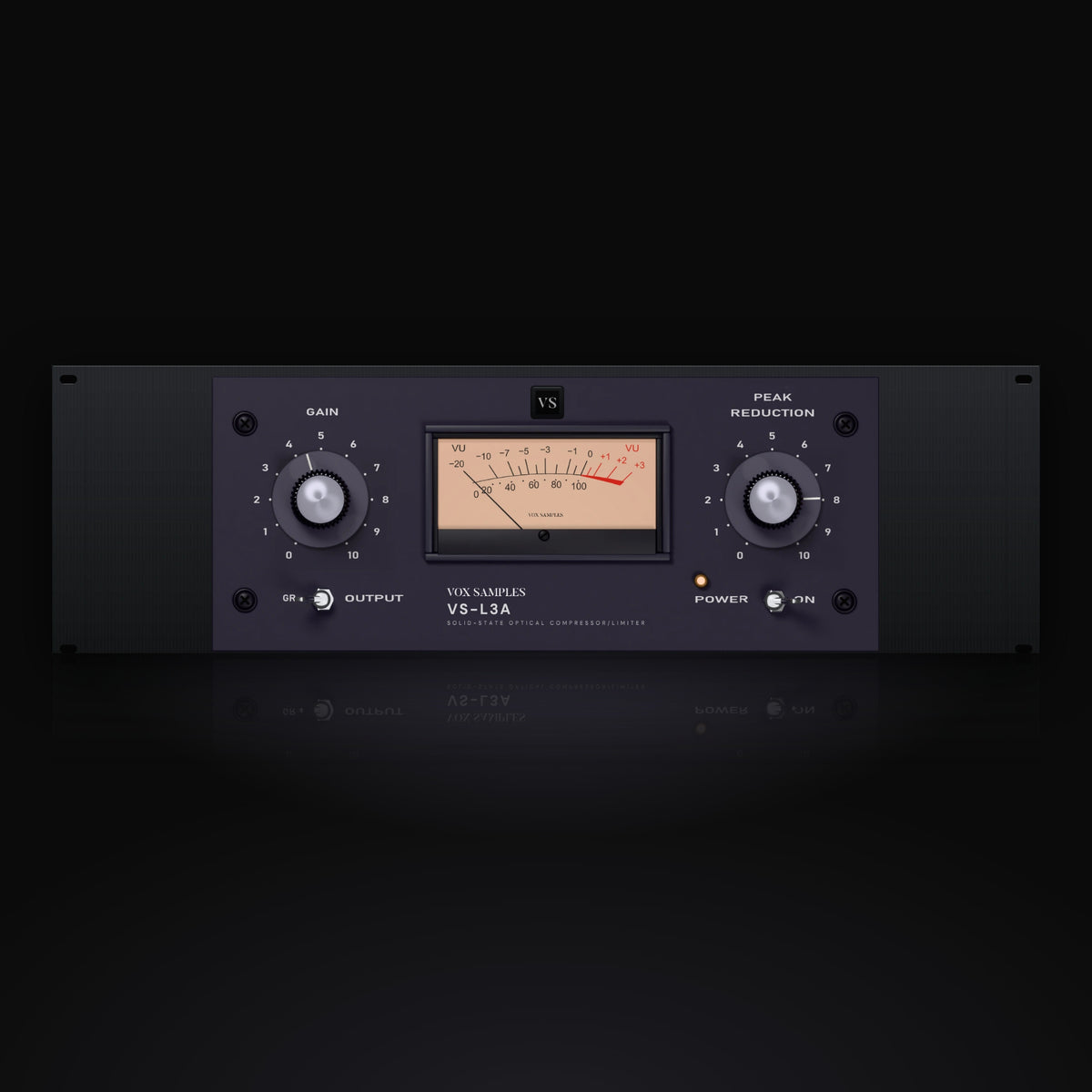 VS-L3A by Vox Samples, the solid-state optical compressor plugin, pictured as its front panel: a dark violet-grey rack unit with a peach VU meter, the GAIN and PEAK REDUCTION knobs scaled 0 to 10, the GR and OUTPUT meter switch and the POWER switch with its lamp.