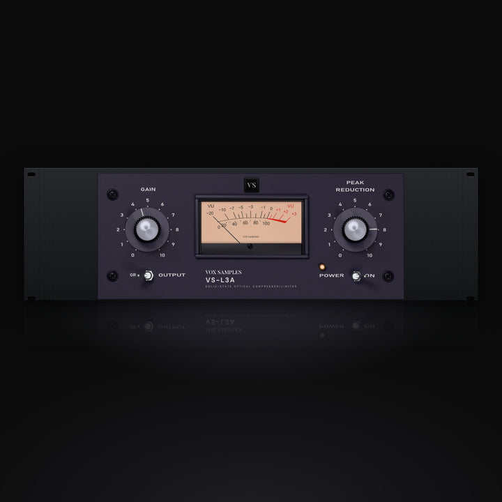 VS-L3A by Vox Samples, the solid-state optical compressor plugin, pictured as its front panel: a dark violet-grey rack unit with a peach VU meter, the GAIN and PEAK REDUCTION knobs scaled 0 to 10, the GR and OUTPUT meter switch and the POWER switch with its lamp.