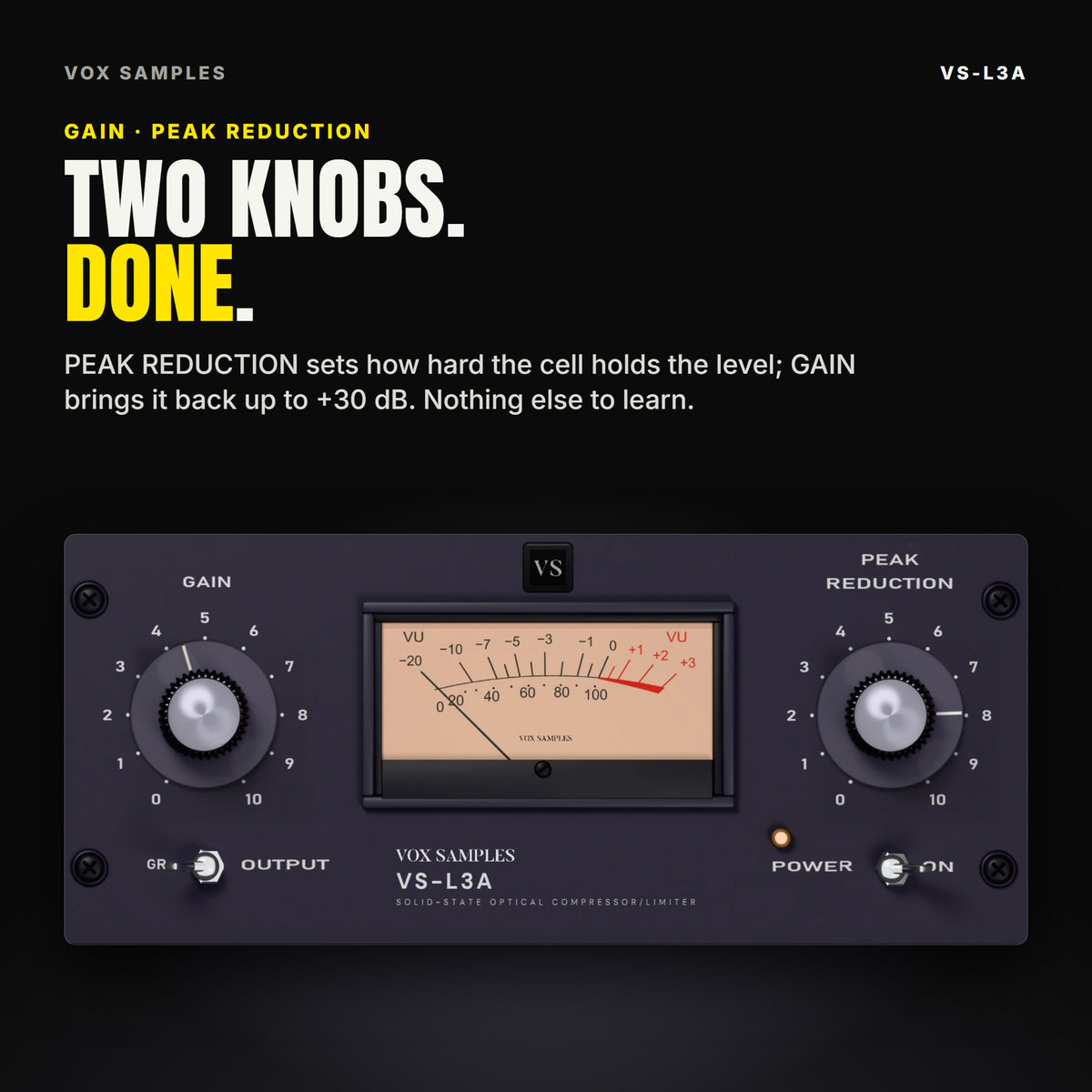 Close-up of the VS-L3A panel: the GAIN knob, the peach VU meter and the PEAK REDUCTION knob, each knob scaled 0 to 10, with the meter switch and the POWER switch and lamp below, under the line "Two knobs. Done".