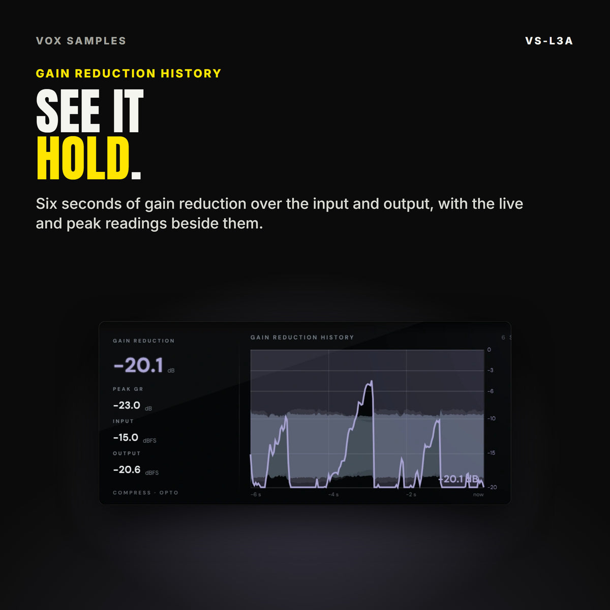 The VS-L3A display: gain reduction -20.1 dB with peak, input and output readings, and six seconds of gain reduction history in violet over the waveforms, under the line "See it hold".