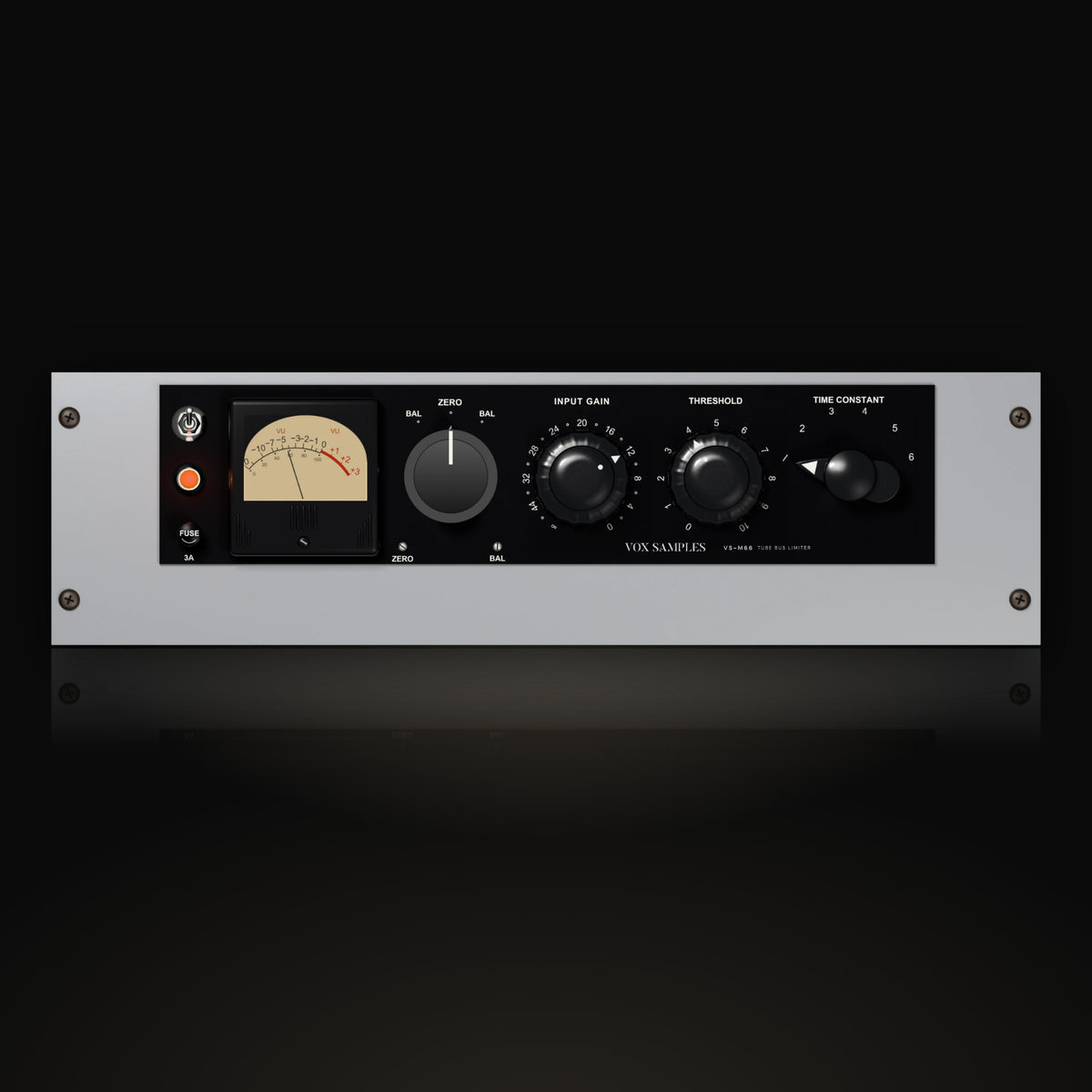 VS-M66 by Vox Samples, the variable-mu tube limiter plugin, pictured as its front panel: a black panel on a grey rack plate with a cream VU meter, the INPUT GAIN and THRESHOLD knobs, the six-position TIME CONSTANT switch and a glowing pilot lamp.