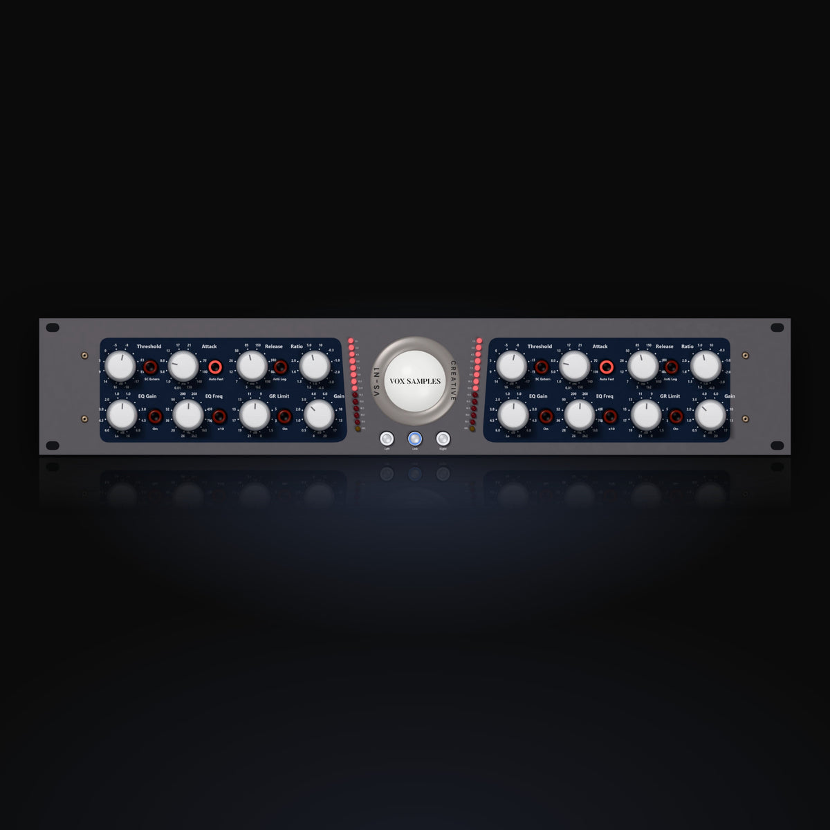 VS-N1 by Vox Samples, the creative compressor plugin, pictured as its front panel: a grey rack unit with two navy control panels of white knobs, red keys and LED gain reduction ladders either side of a large round VS-N1 badge.