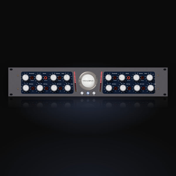 VS-N1 by Vox Samples, the creative compressor plugin, pictured as its front panel: a grey rack unit with two navy control panels of white knobs, red keys and LED gain reduction ladders either side of a large round VS-N1 badge.