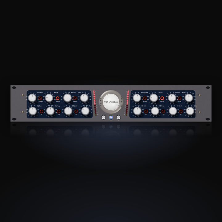 VS-N1 by Vox Samples, the creative compressor plugin, pictured as its front panel: a grey rack unit with two navy control panels of white knobs, red keys and LED gain reduction ladders either side of a large round VS-N1 badge.