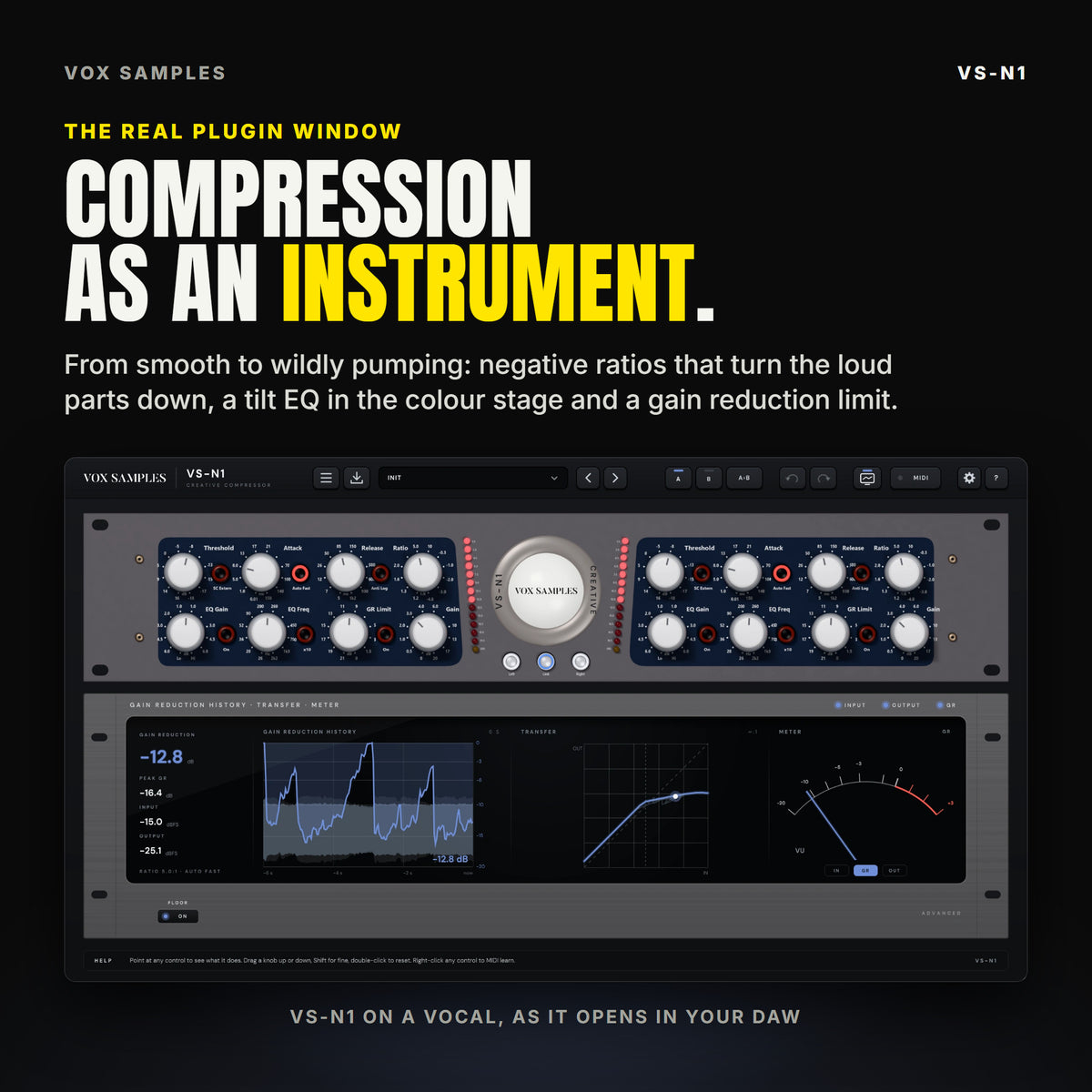 The whole VS-N1 plugin window after a few seconds of a sung vocal: the grey panel with its two navy control sections, THRESHOLD, ATTACK, RELEASE, RATIO, EQ GAIN, EQ FREQ, GR LIMIT and GAIN with their keys and LED ladders; below it the display unit with the gain reduction readouts, the gain reduction history, the transfer curve and a needle meter, and the ADVANCED FLOOR key.