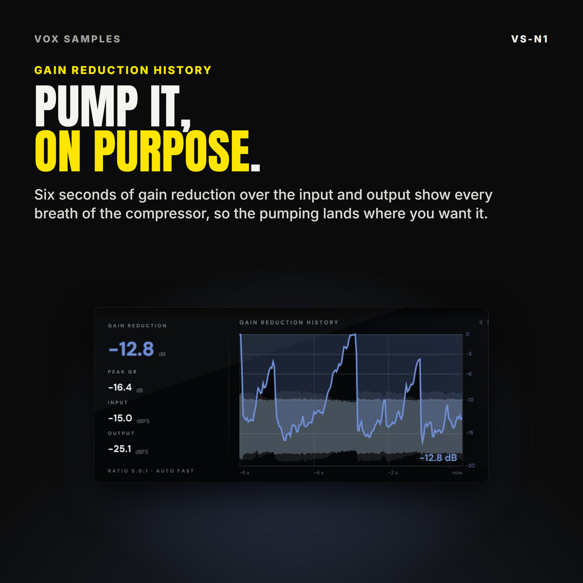 The VS-N1 display: gain reduction -12.8 dB with peak, input and output readings, RATIO 5.0:1 and AUTO FAST, and six seconds of gain reduction history in blue over the waveforms, under the line "Pump it, on purpose".