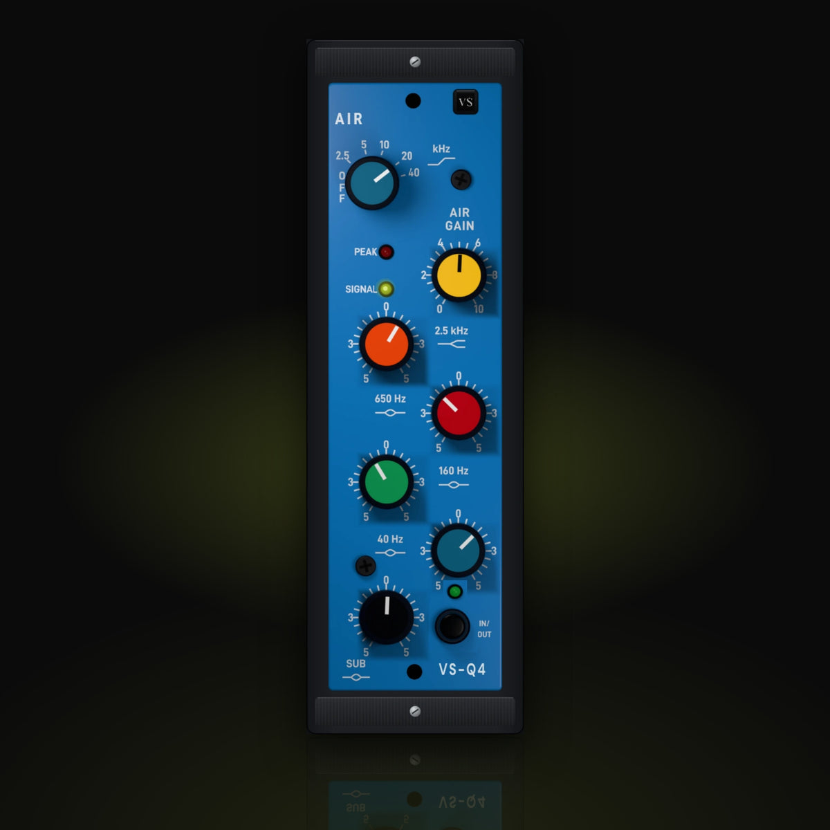 VS-Q4 by Vox Samples, the air EQ plugin, pictured as its front panel: a tall blue module with the AIR frequency knob, the yellow AIR GAIN knob, five coloured band knobs for 2.5 kHz, 650, 160, 40 and SUB, the PEAK and SIGNAL lamps and the IN/OUT switch.