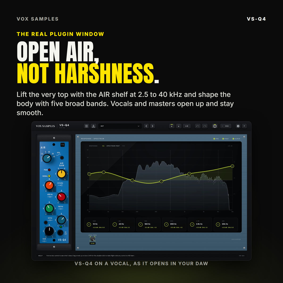 The whole VS-Q4 plugin window after a few seconds of a sung vocal: the blue module with AIR, AIR GAIN and the 2.5 kHz, 650, 160, 40 and SUB knobs on the left, and the response pane with the EQ curve in lime over the spectrum, a node per band and the SUB, 40, 160, 650, 2.5K and AIR readings, above the ADVANCED LEVEL TRIM knob.