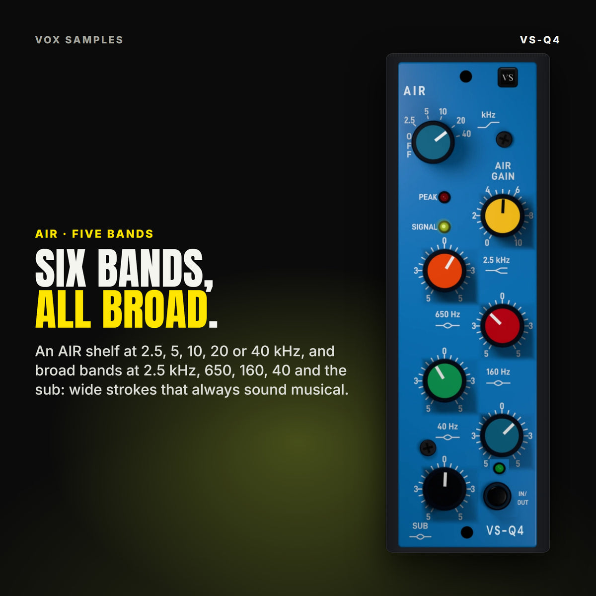 The VS-Q4 module close-up: the AIR frequency and AIR GAIN knobs, the PEAK and SIGNAL lamps, and the 2.5 kHz, 650, 160, 40 and SUB knobs with their 5-0-5 dials, beside the line "Six bands, all broad".