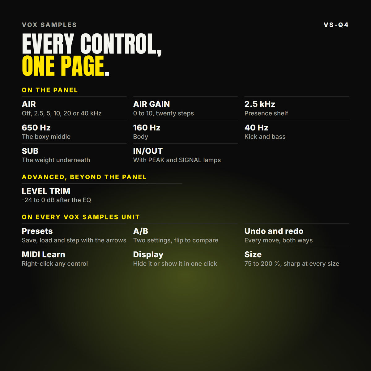Every VS-Q4 control, listed. On the panel: AIR, AIR GAIN, 2.5 kHz, 650 Hz, 160 Hz, 40 Hz, SUB, IN/OUT. ADVANCED: LEVEL TRIM. On every Vox Samples unit: presets, A/B, undo and redo, MIDI Learn, a display that hides, and a window from 75 to 200 %. The display shows the response pane: the EQ curve over the spectrum, a draggable node per band, and every band's dB and dial reading.