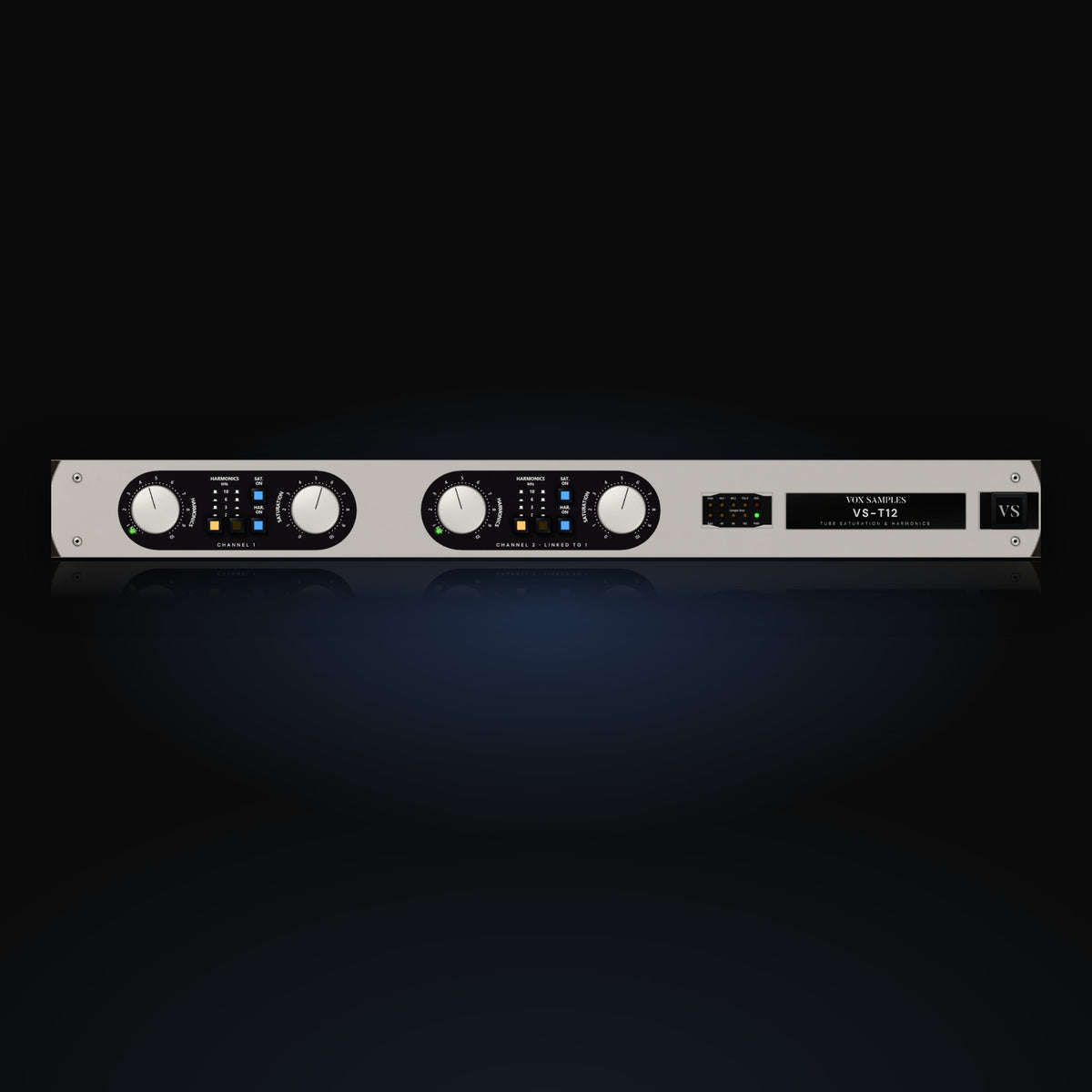 VS-T12 by Vox Samples, the tube saturation and harmonics plugin, pictured as its front panel: a silver slim rack unit with two black oval control sections, each with SATURATION and HARMONICS knobs, harmonics frequency keys and SAT. ON and HAR. ON keys, beside a lamp panel and the VS-T12 name window.