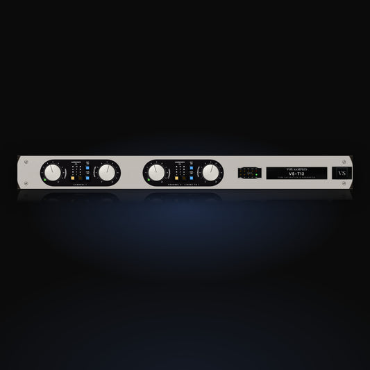 VS-T12 by Vox Samples, the tube saturation and harmonics plugin, pictured as its front panel: a silver slim rack unit with two black oval control sections, each with SATURATION and HARMONICS knobs, harmonics frequency keys and SAT. ON and HAR. ON keys, beside a lamp panel and the VS-T12 name window.