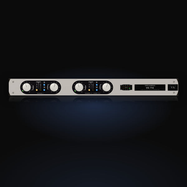 VS-T12 by Vox Samples, the tube saturation and harmonics plugin, pictured as its front panel: a silver slim rack unit with two black oval control sections, each with SATURATION and HARMONICS knobs, harmonics frequency keys and SAT. ON and HAR. ON keys, beside a lamp panel and the VS-T12 name window.