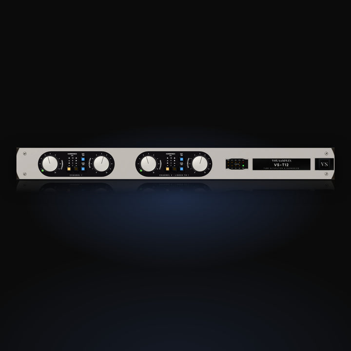 VS-T12 by Vox Samples, the tube saturation and harmonics plugin, pictured as its front panel: a silver slim rack unit with two black oval control sections, each with SATURATION and HARMONICS knobs, harmonics frequency keys and SAT. ON and HAR. ON keys, beside a lamp panel and the VS-T12 name window.