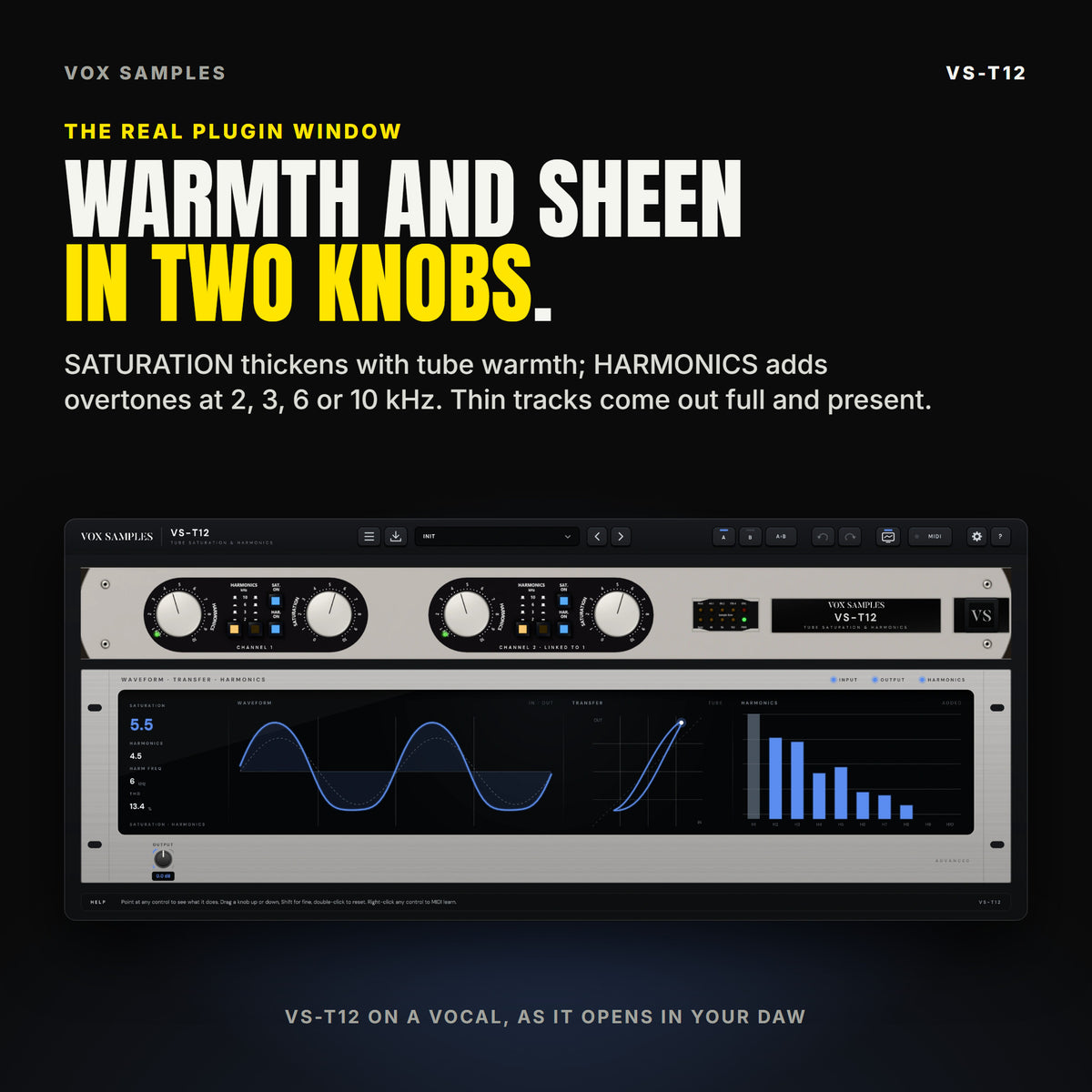 The whole VS-T12 plugin window: the silver panel with its two oval sections of SATURATION and HARMONICS knobs and keys; below it the display unit with the SATURATION, HARMONICS, HARM FREQ and THD readings, the waveform in and out, the transfer curve and the harmonics H1 to H10, and the ADVANCED OUTPUT knob.