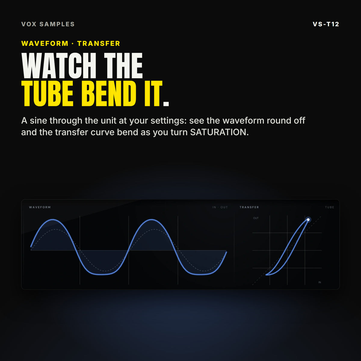 The VS-T12 display: a sine wave in and the rounded wave out, and the tube's transfer curve bending into its S shape, under the line "Watch the tube bend it".