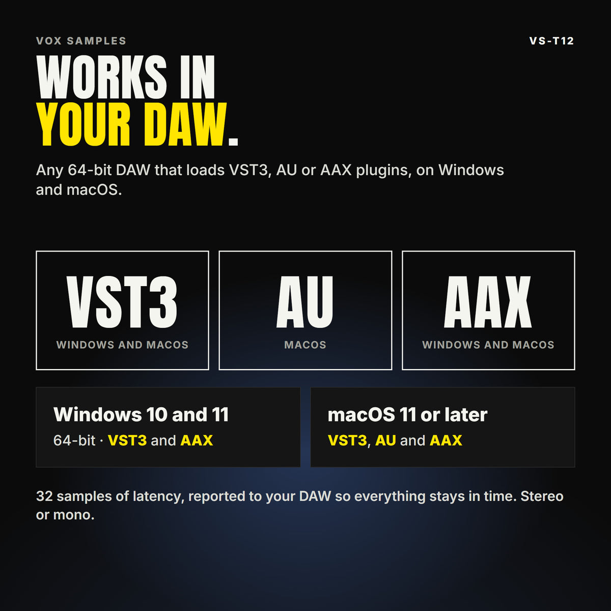 VS-T12 formats: VST3, AU and AAX. Windows 10 and 11, 64-bit: VST3 and AAX. macOS 11 or later: VST3, AU and AAX. Works in any 64-bit DAW that loads VST3, AU or AAX plugins. 32 samples of latency, reported to your DAW so everything stays in time. Stereo or mono.