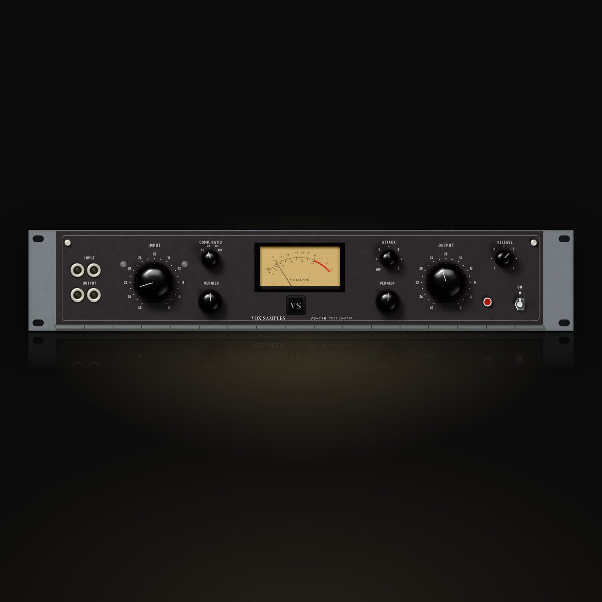 VS-T76 by Vox Samples, the tube limiter plugin, pictured as its front panel: a dark grey rack panel with large black INPUT and OUTPUT knobs, the COMP. RATIO, ATTACK and RELEASE switches, two VERNIER knobs, a gold VU meter and the ON lever with its red lamp.