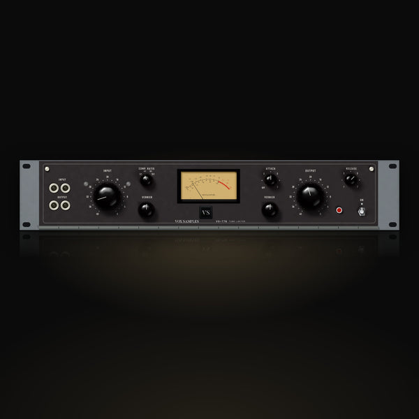 VS-T76 by Vox Samples, the tube limiter plugin, pictured as its front panel: a dark grey rack panel with large black INPUT and OUTPUT knobs, the COMP. RATIO, ATTACK and RELEASE switches, two VERNIER knobs, a gold VU meter and the ON lever with its red lamp.