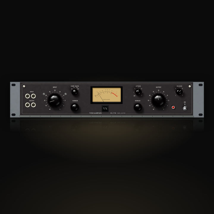 VS-T76 by Vox Samples, the tube limiter plugin, pictured as its front panel: a dark grey rack panel with large black INPUT and OUTPUT knobs, the COMP. RATIO, ATTACK and RELEASE switches, two VERNIER knobs, a gold VU meter and the ON lever with its red lamp.