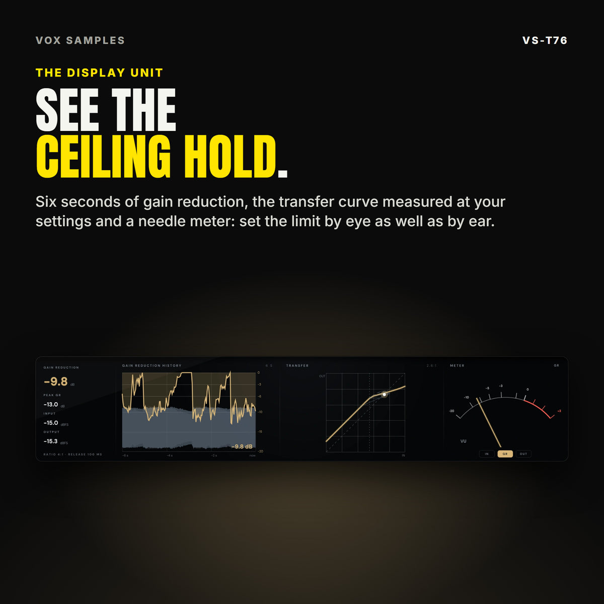 The VS-T76 display: gain reduction -9.8 dB with peak, input and output readings, RATIO 4:1 and RELEASE 100 ms, six seconds of gain reduction history in gold, the transfer curve and a needle meter on GR, under the line "See the ceiling hold".