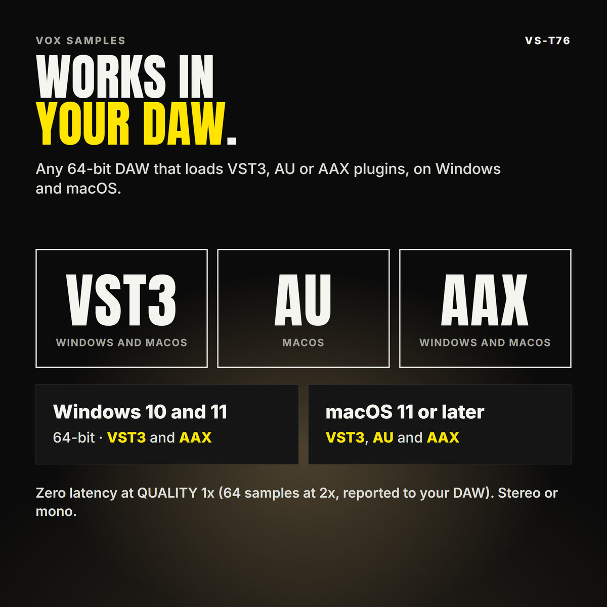 VS-T76 formats: VST3, AU and AAX. Windows 10 and 11, 64-bit: VST3 and AAX. macOS 11 or later: VST3, AU and AAX. Works in any 64-bit DAW that loads VST3, AU or AAX plugins. Zero latency at QUALITY 1x (64 samples at 2x, reported to your DAW). Stereo or mono.