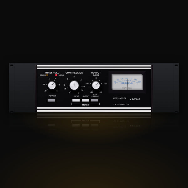 VS-V160 by Vox Samples, the VCA compressor plugin, pictured as its front panel: a black rack unit between chrome bars with white THRESHOLD, COMPRESSION and OUTPUT GAIN knobs, BELOW and ABOVE lamps, the POWER and METER keys and a white DECIBELS meter.