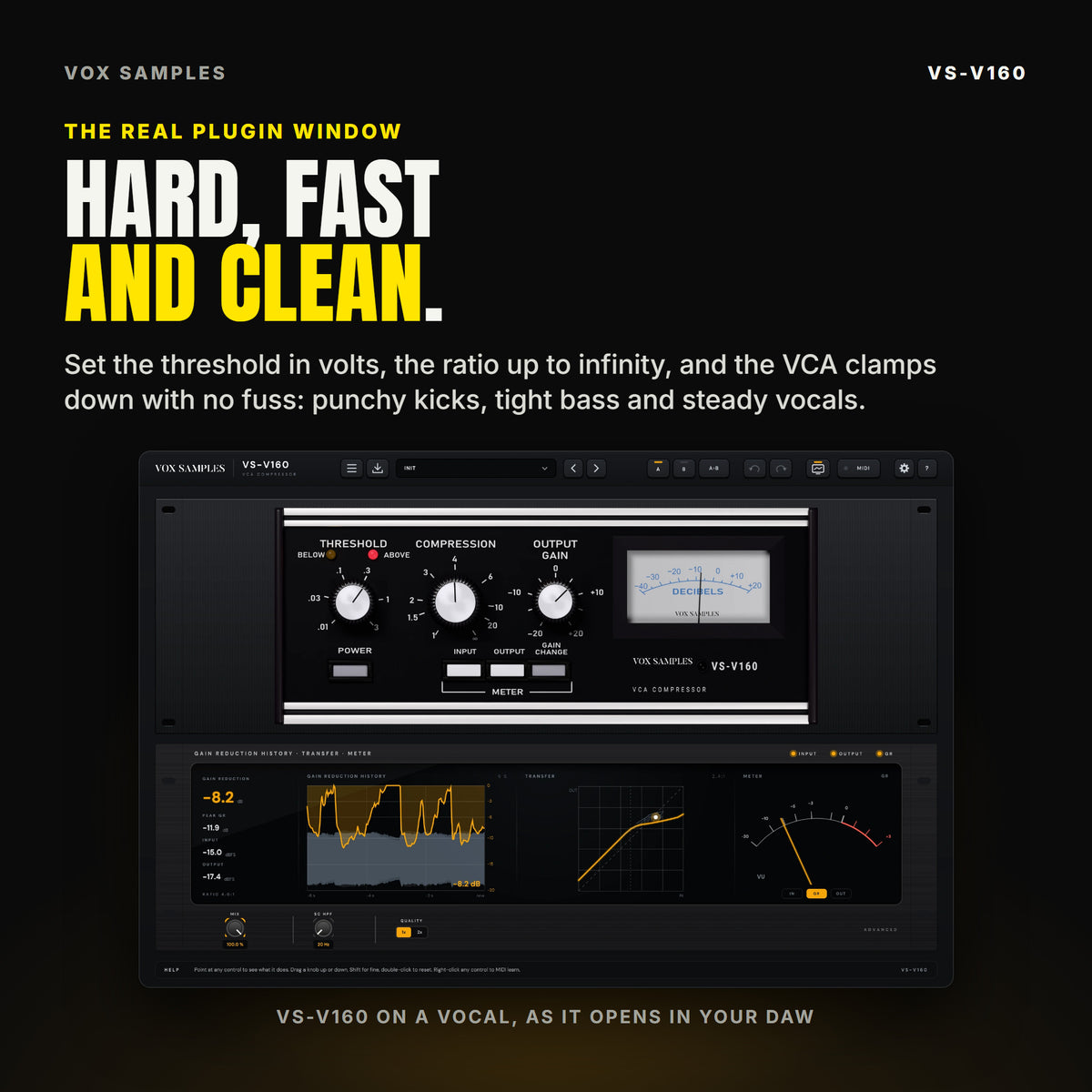 The whole VS-V160 plugin window after a few seconds of a sung vocal: the black panel with THRESHOLD, COMPRESSION and OUTPUT GAIN, the BELOW and ABOVE lamps, the POWER key, the METER keys and the DECIBELS meter; below it the display unit with the gain reduction readouts, the gain reduction history, the transfer curve and a needle meter, and the ADVANCED strip with MIX, SC HPF and QUALITY.