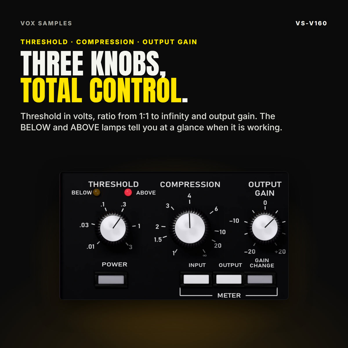 Close-up of the VS-V160 panel: the THRESHOLD knob in volts with the BELOW and ABOVE lamps, the COMPRESSION knob from 1 to infinity and the OUTPUT GAIN knob from -20 to +20, under the line "Three knobs, total control".