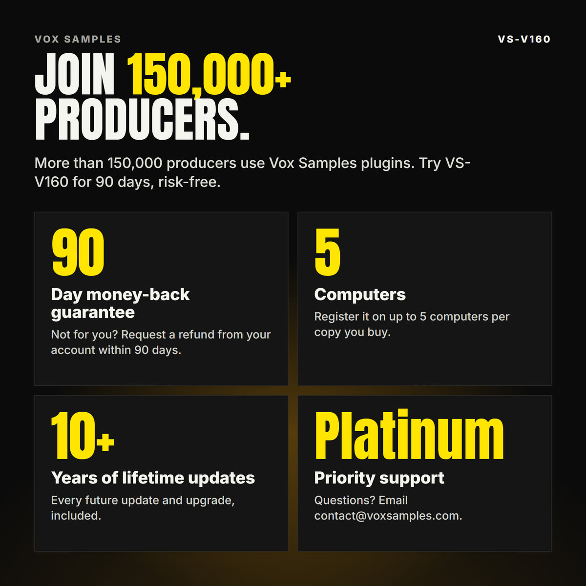 Join 150,000+ producers who use Vox Samples plugins. VS-V160 comes with a 90-day money-back guarantee you claim from your account, registration on up to five of your own computers per copy you buy, lifetime updates for 10+ years, and Platinum priority support.