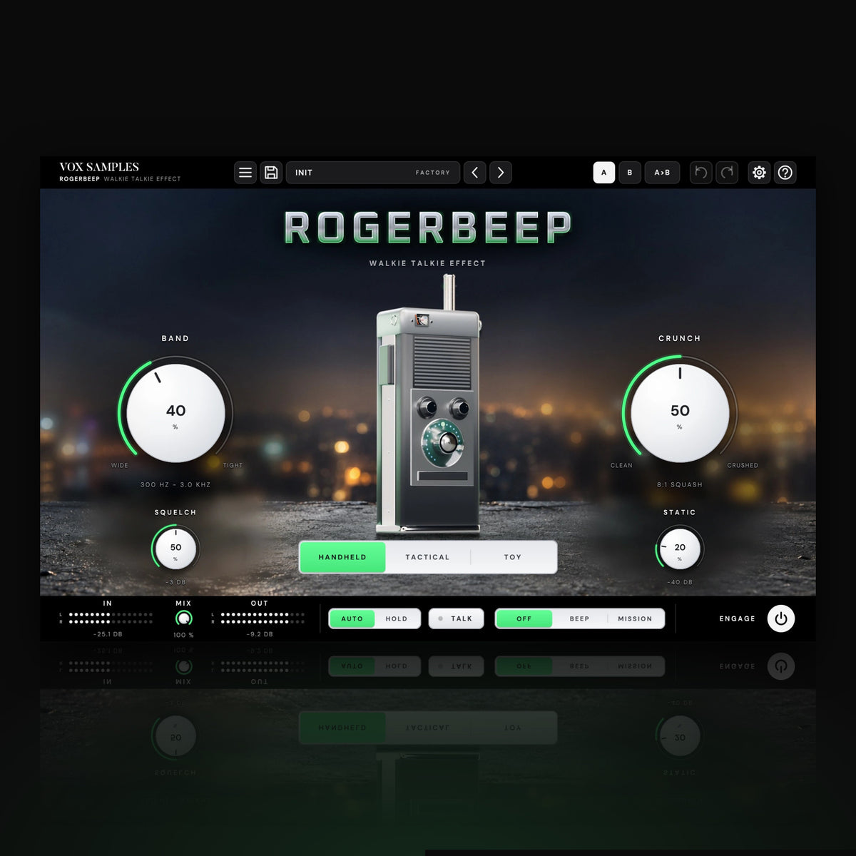 Rogerbeep Walkie Talkie Effect by Vox Samples, the walkie talkie effect plugin: a 1970s-style handheld radio on a rooftop ledge at night, the ROGERBEEP logo, and two big pearl-white knobs, BAND and CRUNCH.