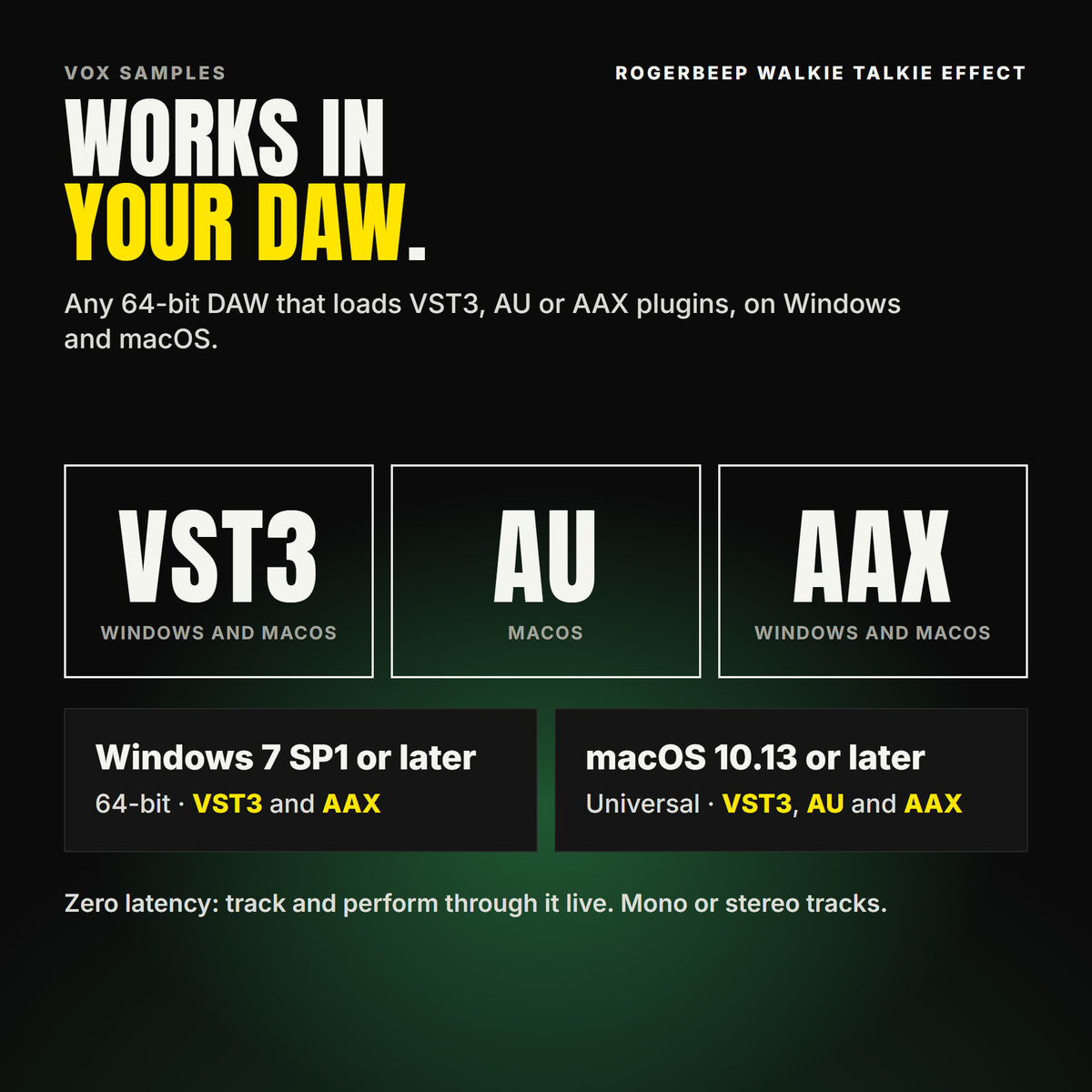Rogerbeep Walkie Talkie Effect formats: VST3, AU and AAX. Windows 7 SP1 or later, 64-bit: VST3 and AAX. macOS 10.13 or later, universal (Intel and ARM): VST3, AU and AAX. Works in any 64-bit DAW that loads VST3, AU or AAX plugins. Zero latency: track and perform through it live. Mono or stereo tracks.
