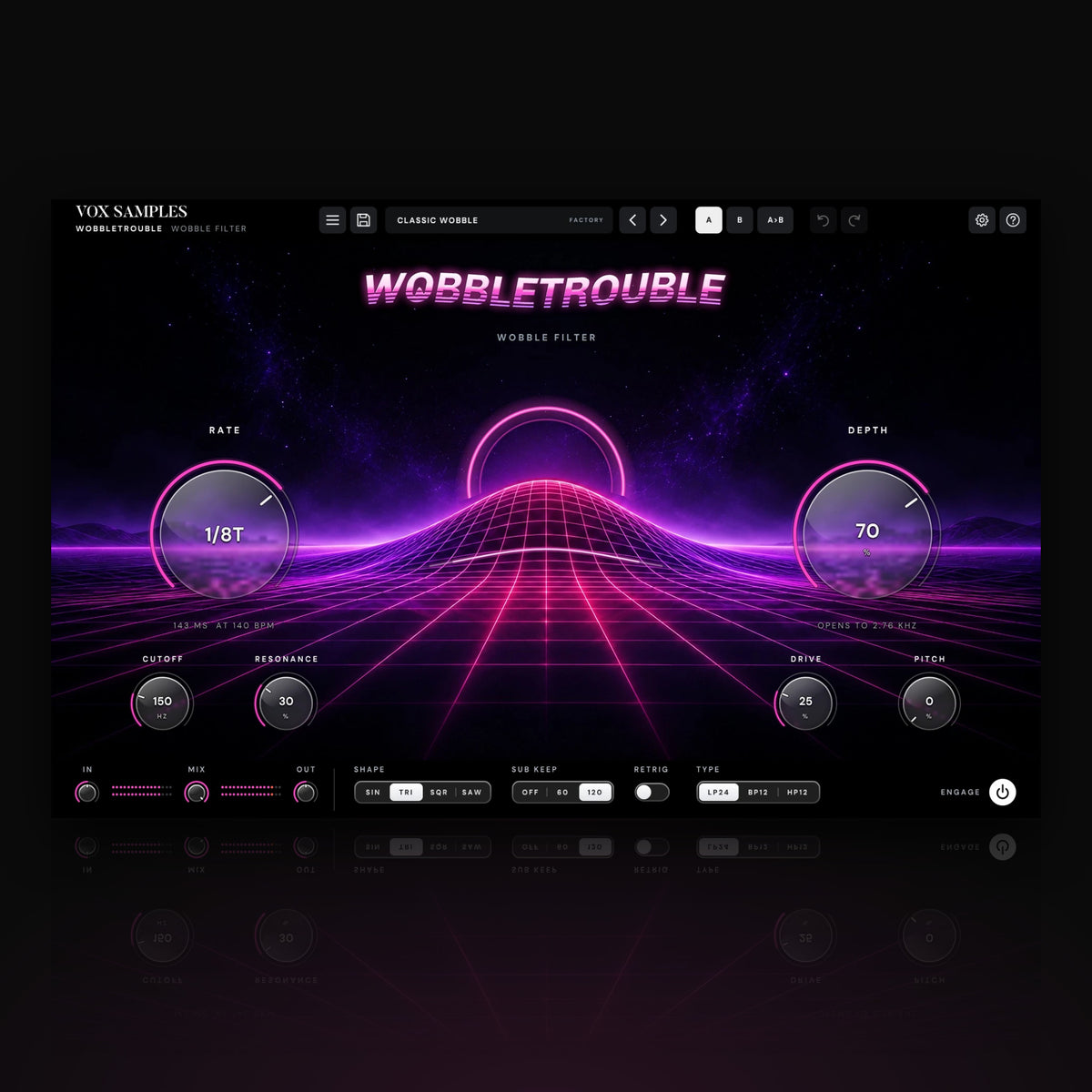 WobbleTrouble Wobble Filter Effect by Vox Samples, the wobble bass plugin: a neon magenta wireframe landscape with a glowing ring rising behind a bass-wave hill, the WOBBLETROUBLE logo, and two big glass knobs, RATE and DEPTH.