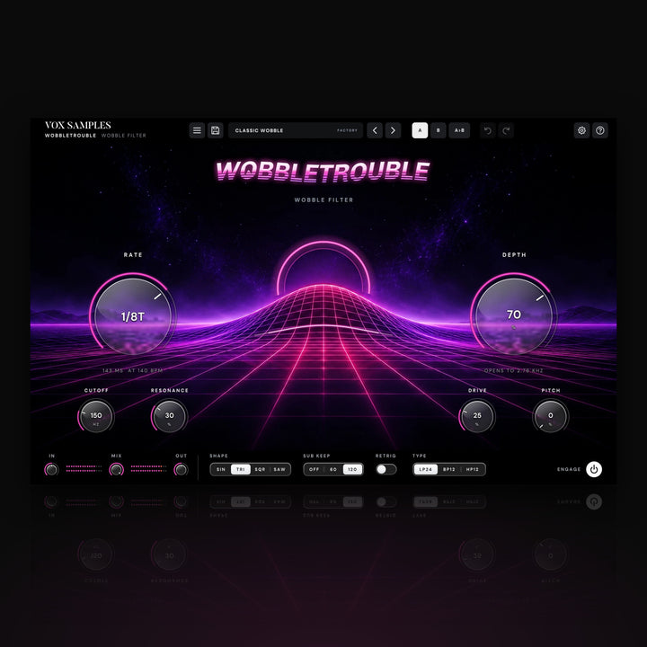 WobbleTrouble Wobble Filter Effect by Vox Samples, the wobble bass plugin: a neon magenta wireframe landscape with a glowing ring rising behind a bass-wave hill, the WOBBLETROUBLE logo, and two big glass knobs, RATE and DEPTH.