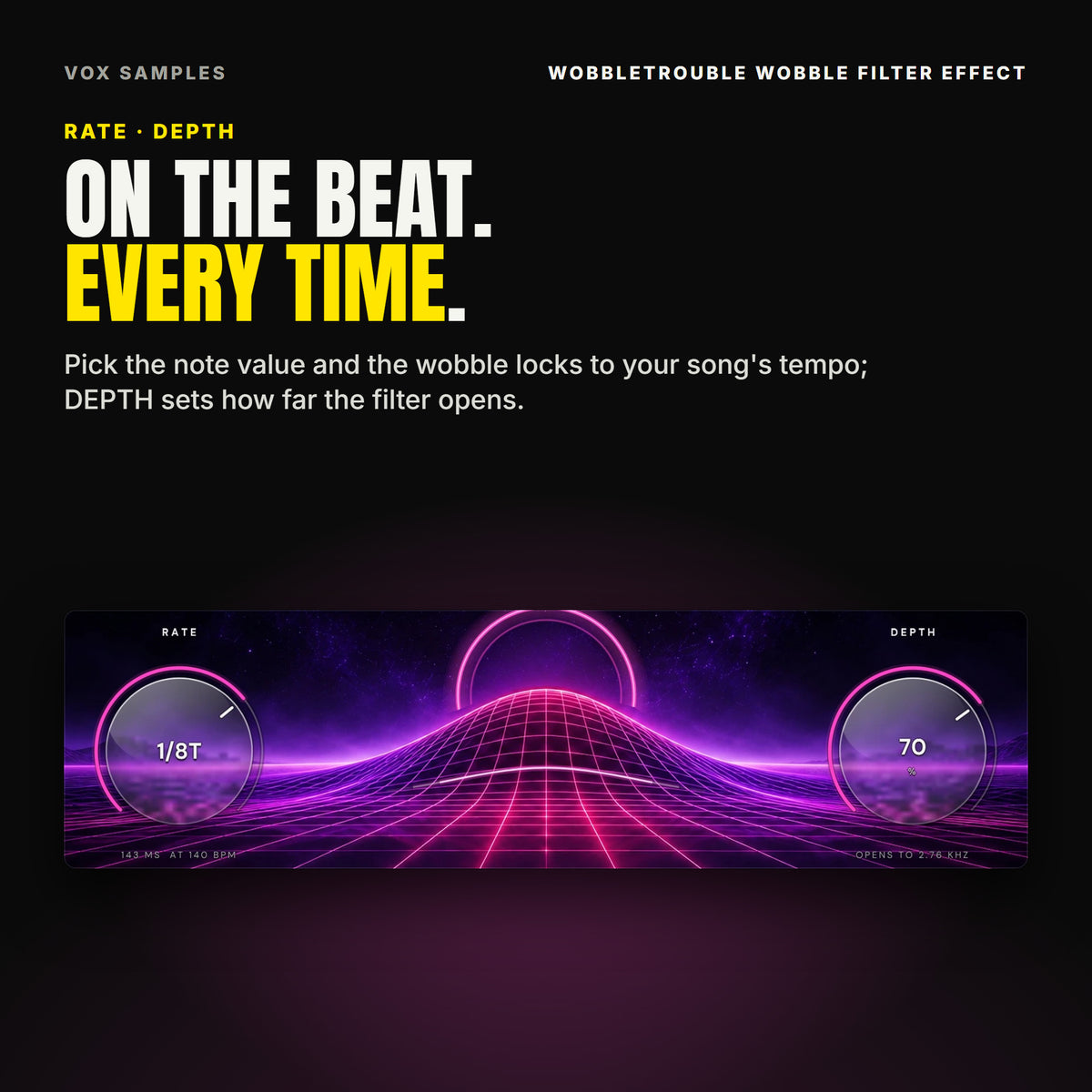 WobbleTrouble's two big glass knobs with magenta arcs: RATE on 1/8T, reading 143 ms at 140 BPM under it, and DEPTH at 70 %, reading opens to 2.76 kHz, either side of the neon bass-wave hill and its rising ring.