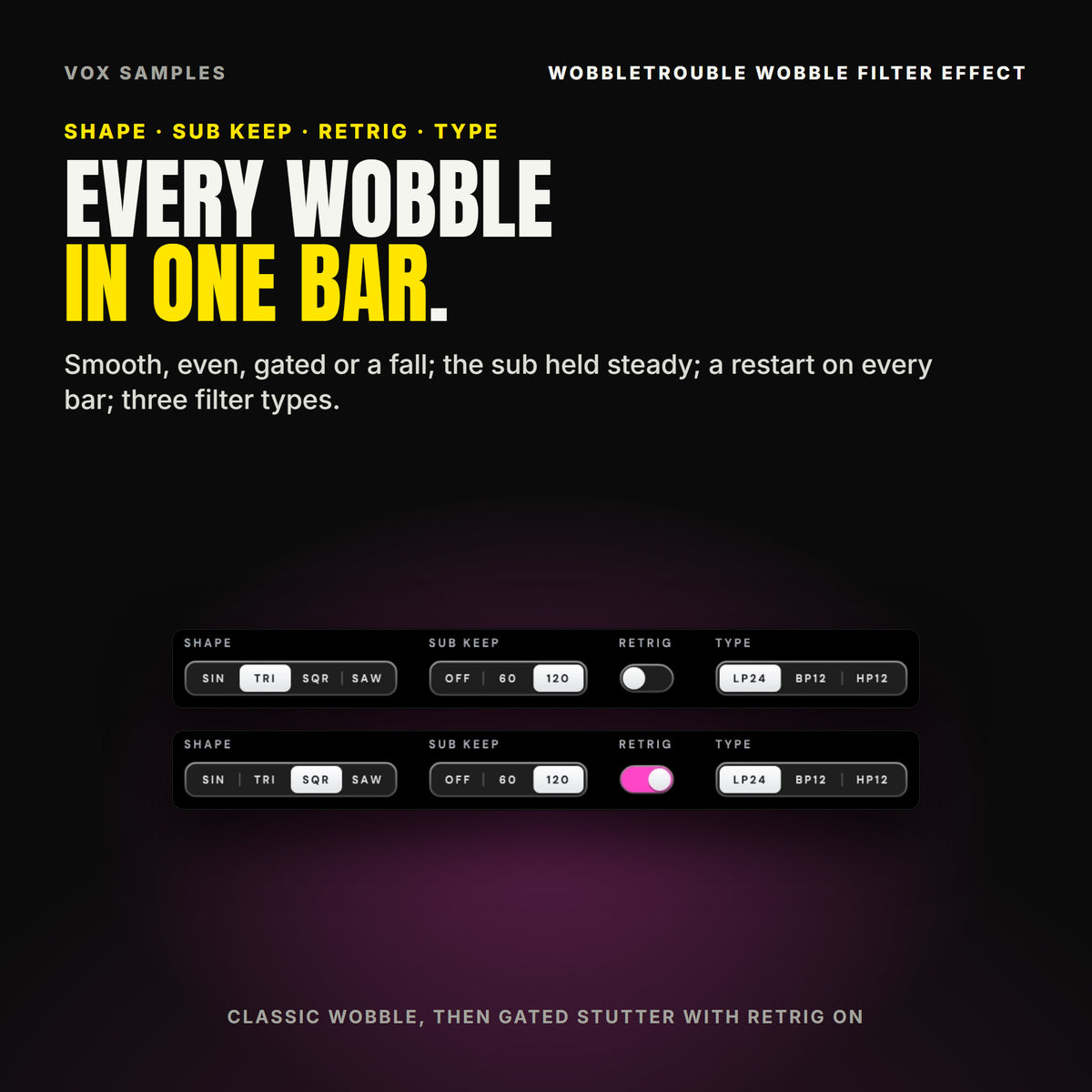 WobbleTrouble's footer twice: on CLASSIC WOBBLE, SHAPE on TRI, SUB KEEP on 120, RETRIG off and TYPE on LP24; on GATED STUTTER, SHAPE on SQR with RETRIG switched on.