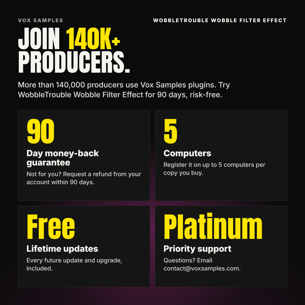 Join 140K+ producers who use Vox Samples plugins. WobbleTrouble Wobble Filter Effect comes with a 90-day money-back guarantee you claim from your account, registration on up to five of your own computers per copy you buy, free lifetime updates, and Platinum priority support.