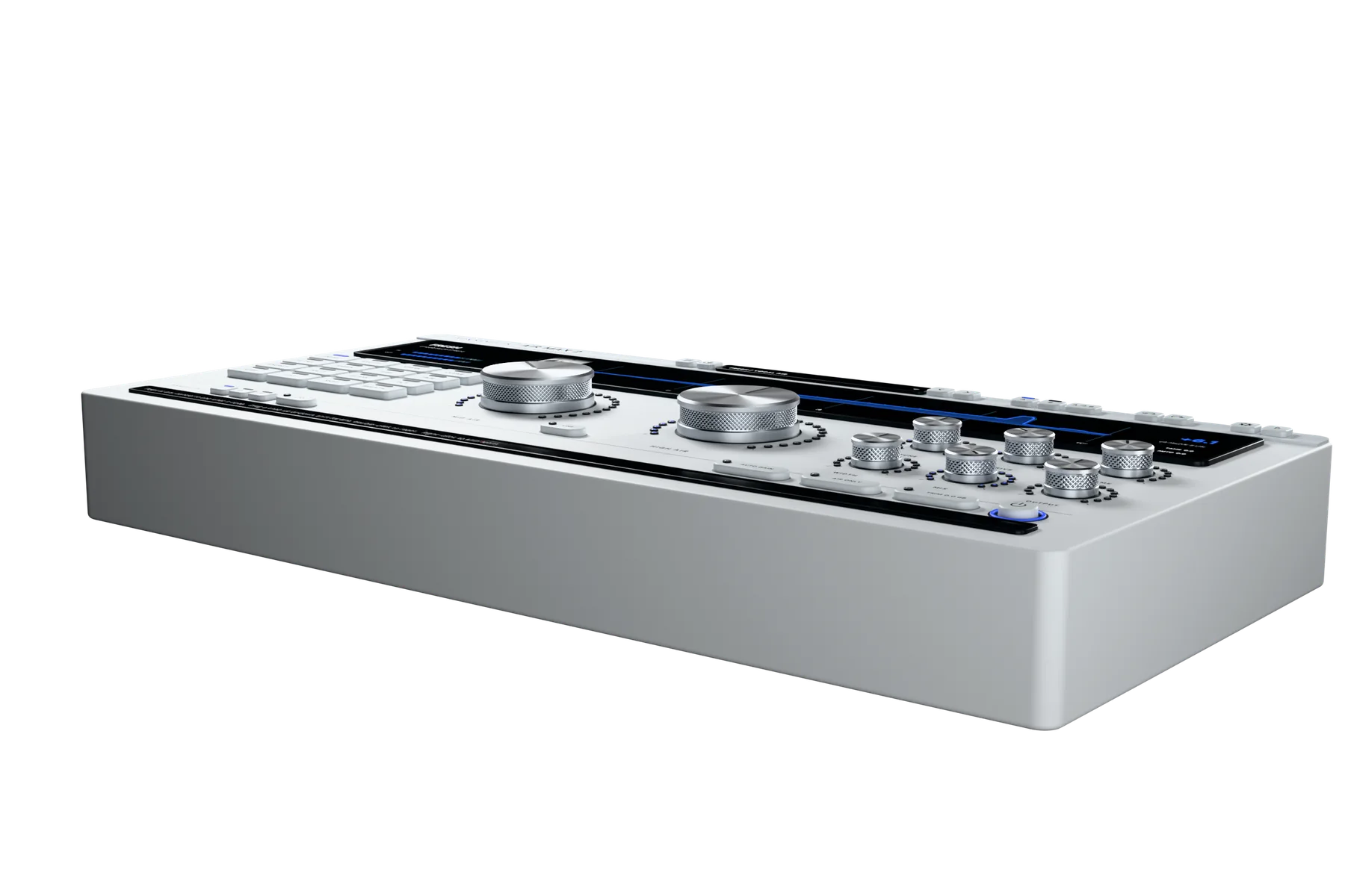 Air Max 2 from just above desk height at the front right: the thick pale-grey chassis side, the knurled aluminium knobs standing up from the plate and the lit blue power ring