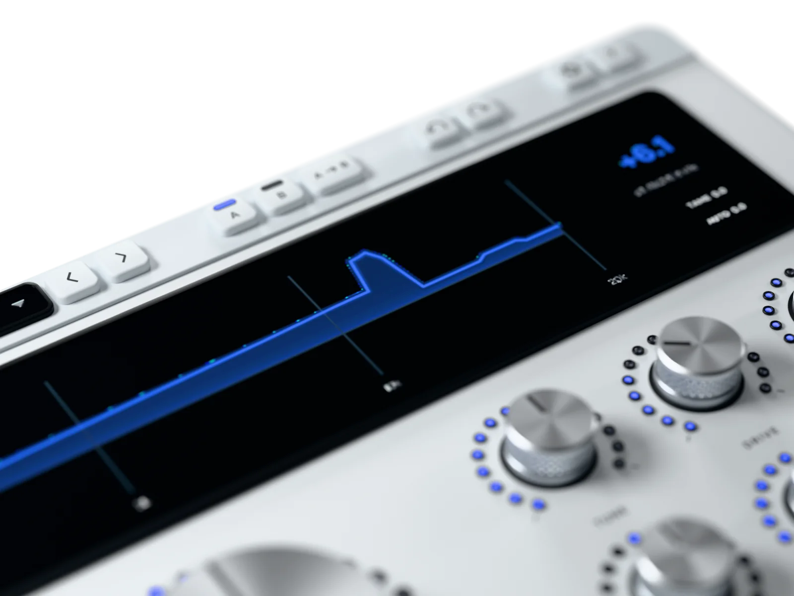 The right half of the black glass display: the blue measured air curve peaking near 12 kHz and the +6.0 dB readout, small knurled knobs in the foreground