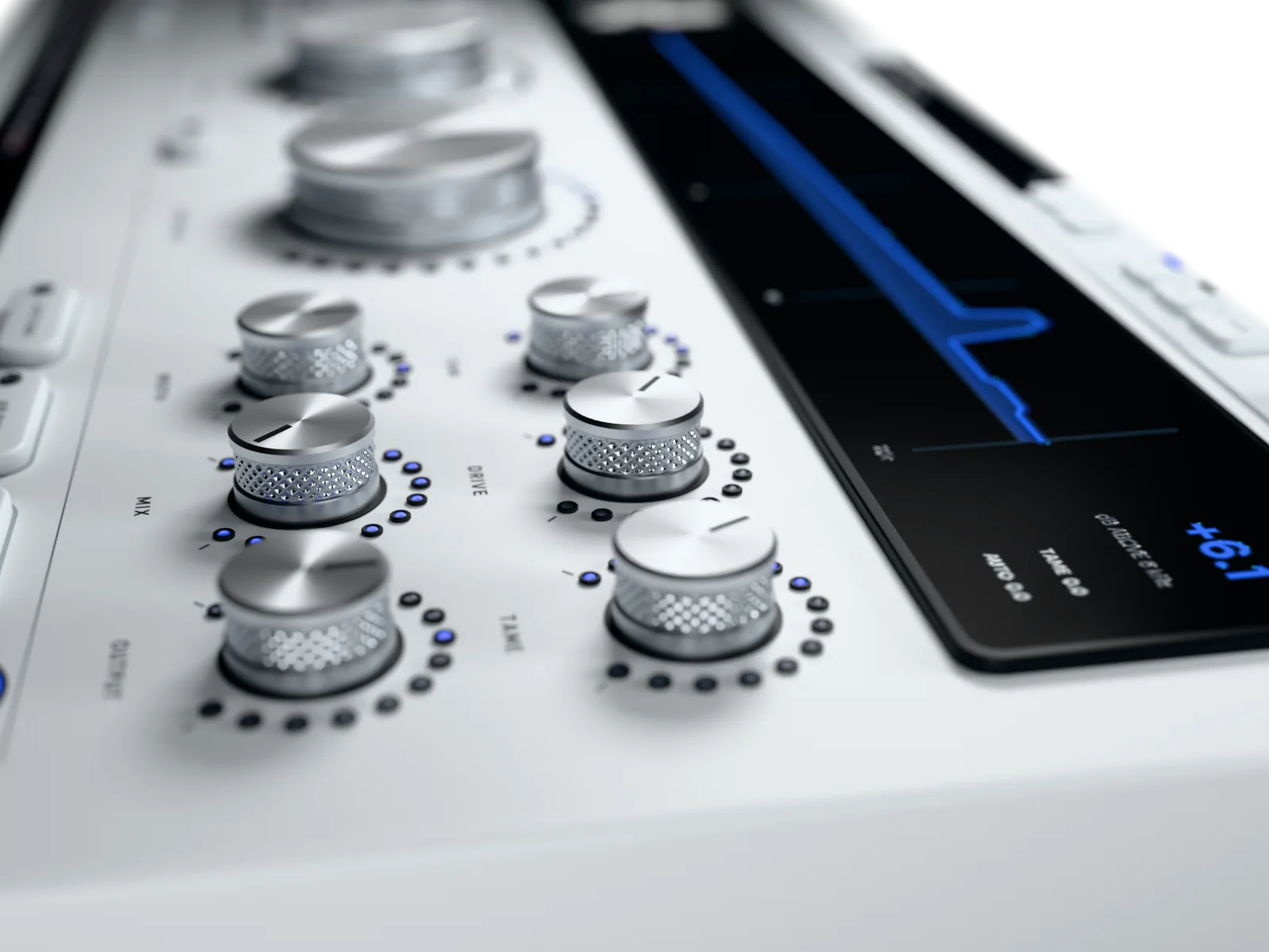 The six small knobs raked from the right end: knurled aluminium grips, spun tops with black pointer lines and blue lamps lit to their values
