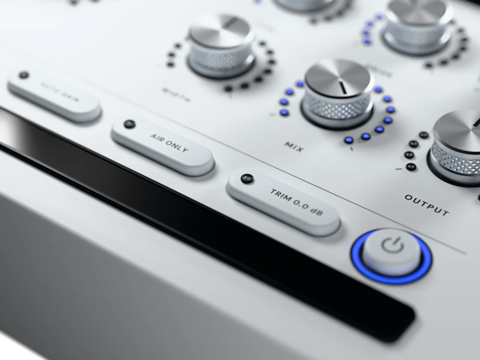The power button’s glowing blue ring beside the AUTO GAIN, AIR ONLY and TRIM 0.0 dB pills, with the MIX and OUTPUT knobs behind