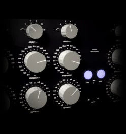 Air Max 2, CLEAR: a black stepped mastering equaliser with grey detented knobs and two lit channel buttons