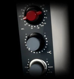 Air Max 2, GLASS: a vintage console channel module, a maroon gain knob over grey EQ knobs