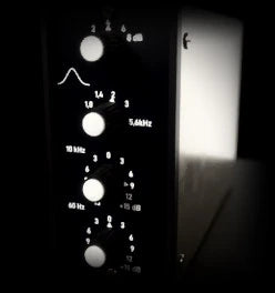 Air Max 2, SHEEN: a narrow black vintage broadcast equaliser with white-capped knobs